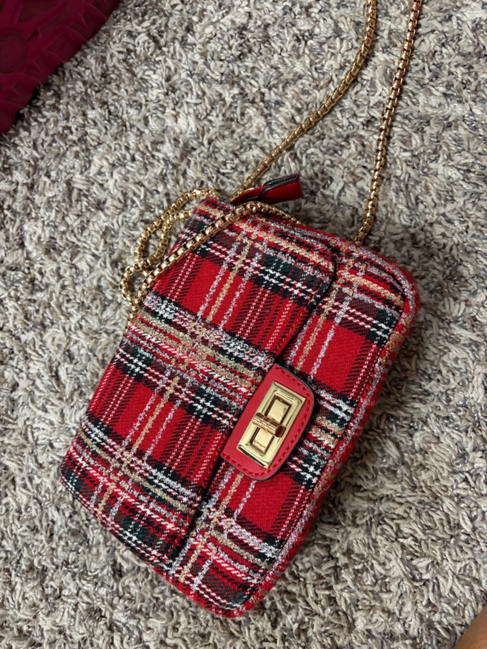 Red Plaid Chain Crossbody Bag with Gold Hardware